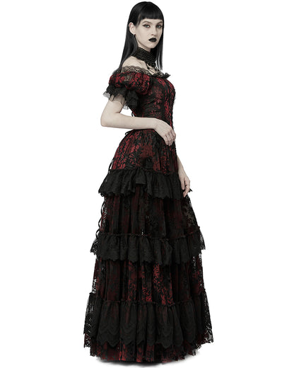 WQ-613 Dark Decadence Flocked Lace Gothic Wedding Dress - Black & Red