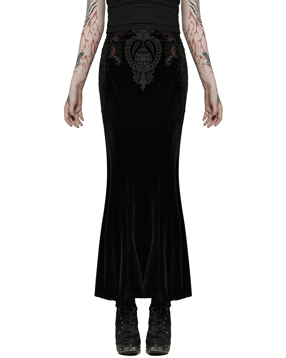 WQ-567 Womens Gothic Lace Applique Velvet Maxi Skirt - Black & Red