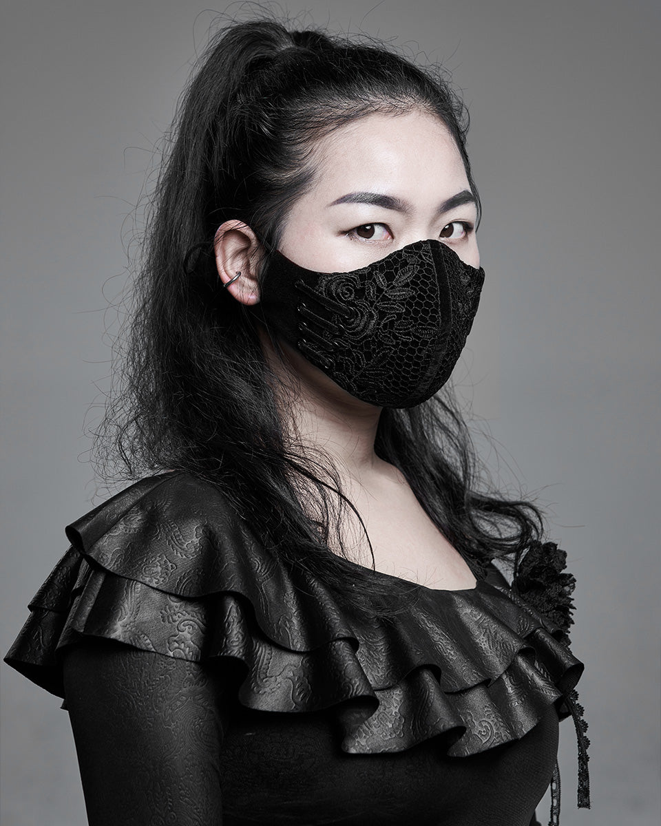 WS-441 Gothic Velvet Lace Applique Face Cover Mask - Black