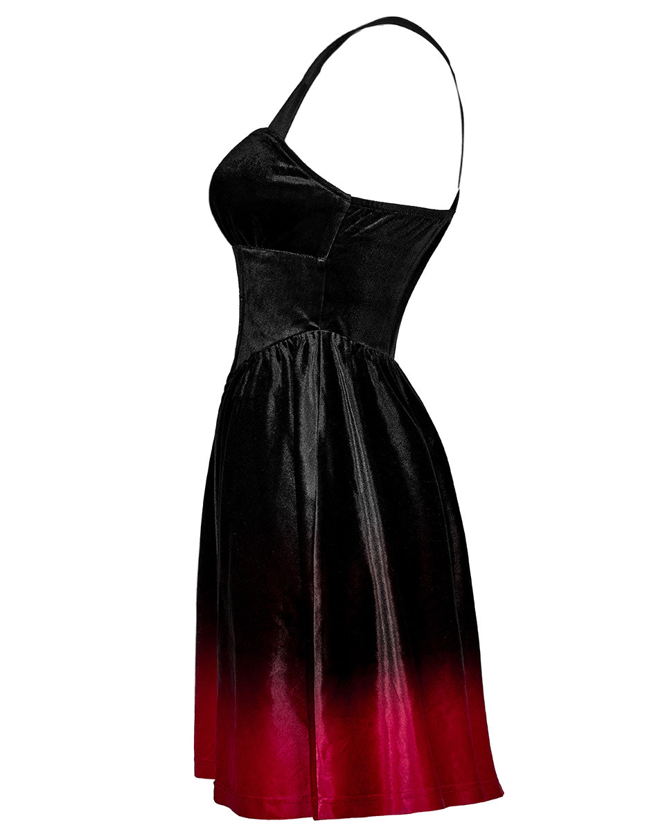 OPQ-1339 Daily Life Dark Knight Gothic Gradient Velvet Slip Dress - Black & Red