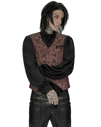 WY-1436 Mens Dark Gothic Aristocrat Chained Waistcoat Vest - Red Jacquard