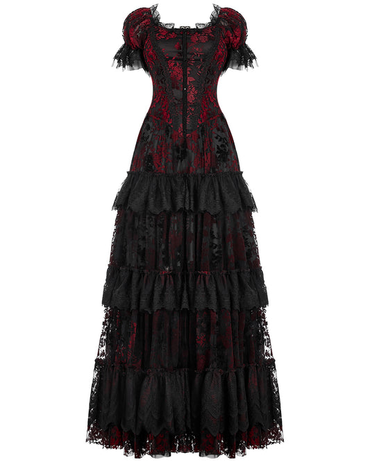 WQ-613 Dark Decadence Flocked Lace Gothic Wedding Dress - Black & Red