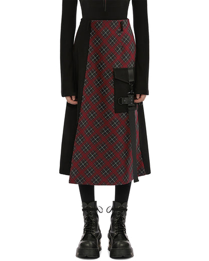 OPQ1339 Daily Life Gothic Techwear Cargo Midi Skirt - Black & Red Plaid