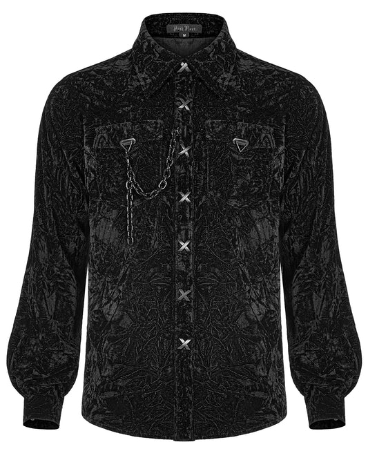 WY-1441 Mens Gothic Crimped Velvet Chained Dress Shirt - Black