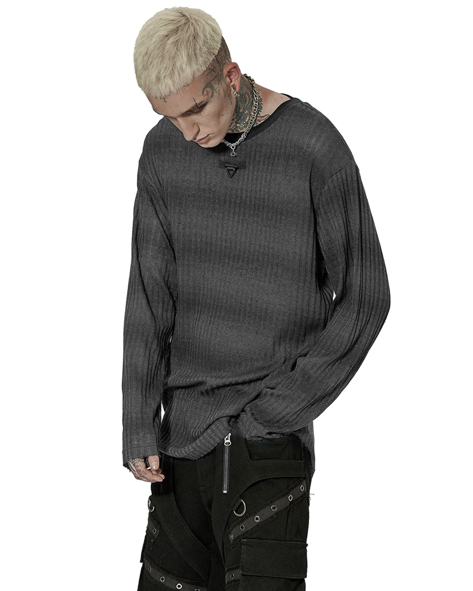 WT-735 Mens Dark Punk Striped Knit Sweater Top - Black & Grey