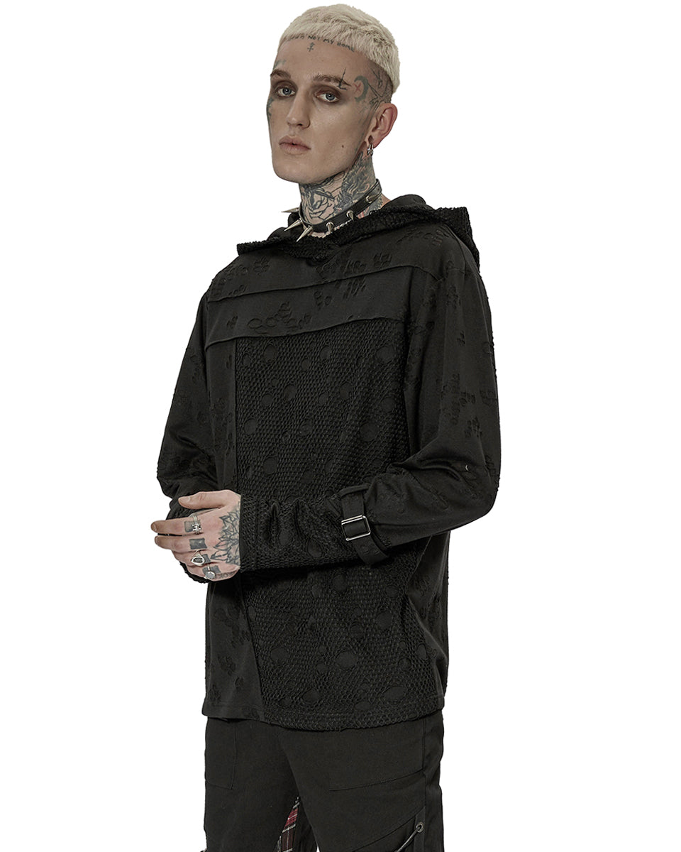 WT-738 Mens Apocalyptic Gothic Spliced Broken Knit Hooded Top