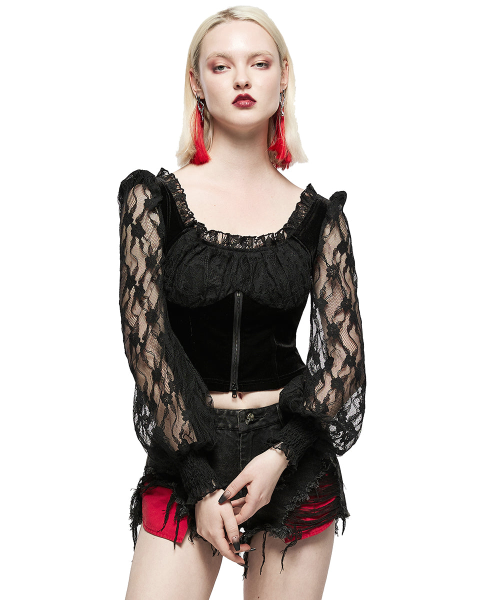 OPT-752 Daily Life Casual Gothic Flocked Velvet Rose Lace Blouse Top Dqf