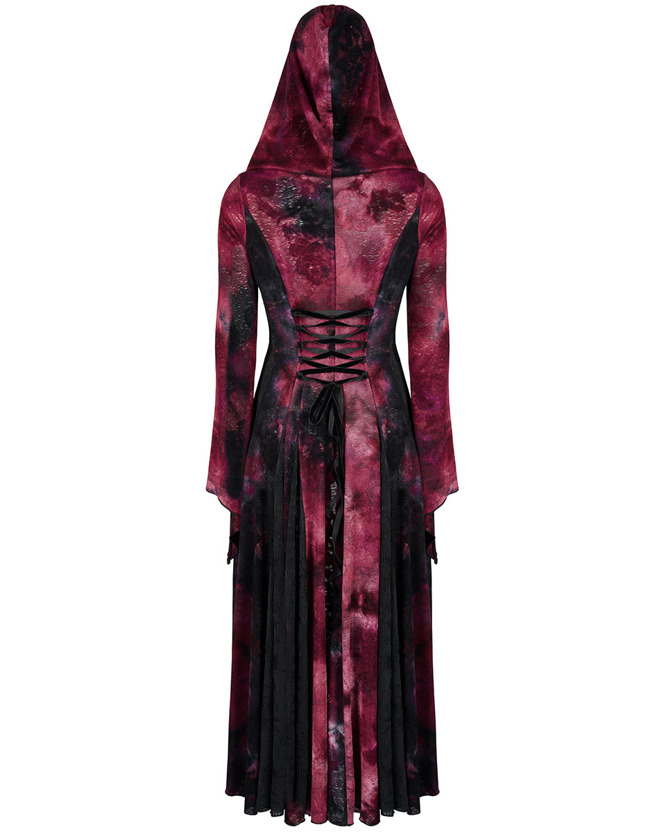 WY-1392 Womens Gothic Tie Dye Hooded Cloak Jacket - Black & Red