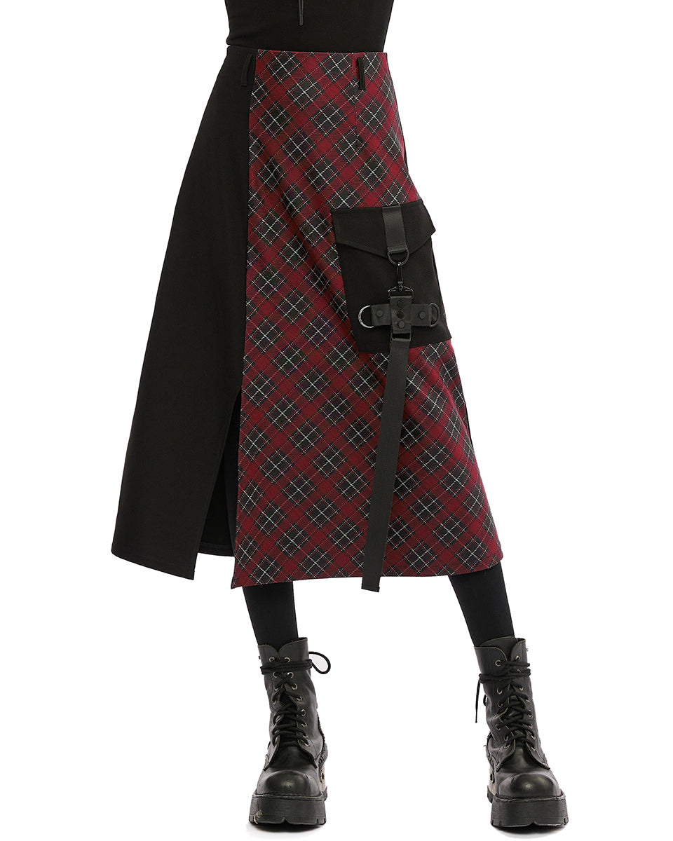 OPQ1339 Daily Life Gothic Techwear Cargo Midi Skirt - Black & Red Plaid