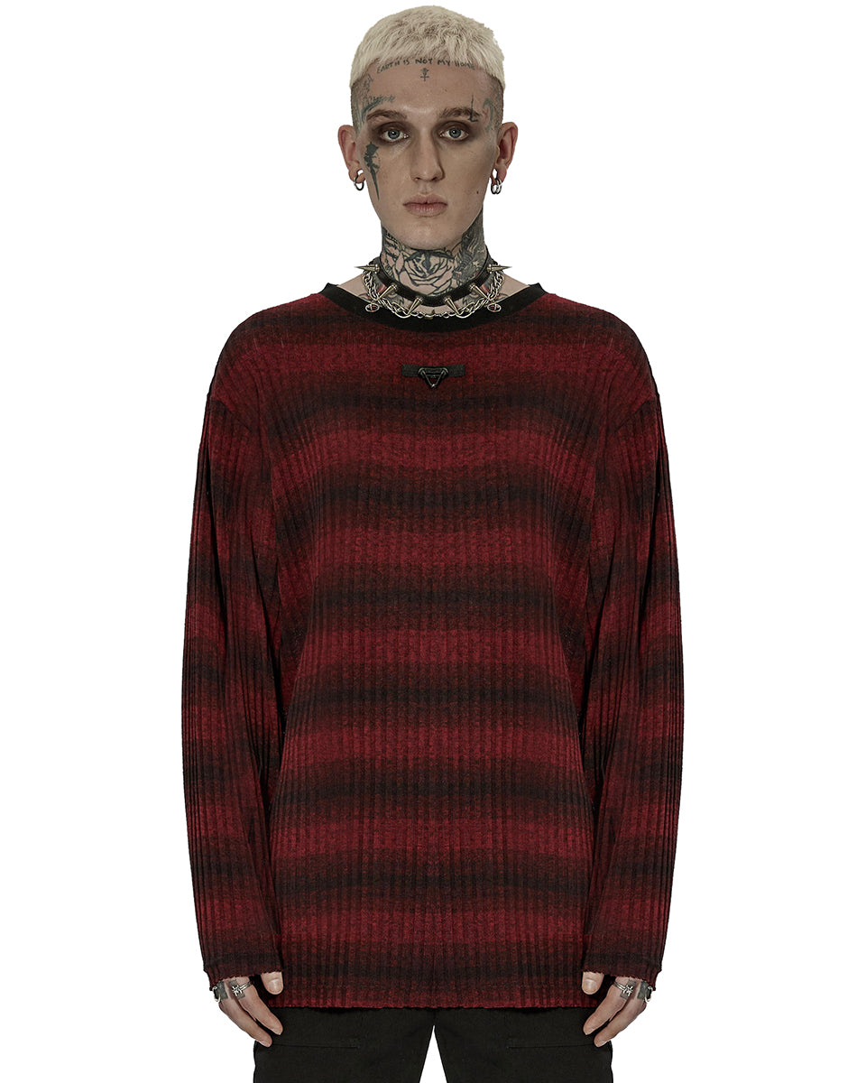 WT-735 Mens Dark Punk Striped Knit Sweater Top - Black & Red