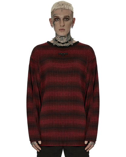 WT-735 Mens Dark Punk Striped Knit Sweater Top - Black & Red