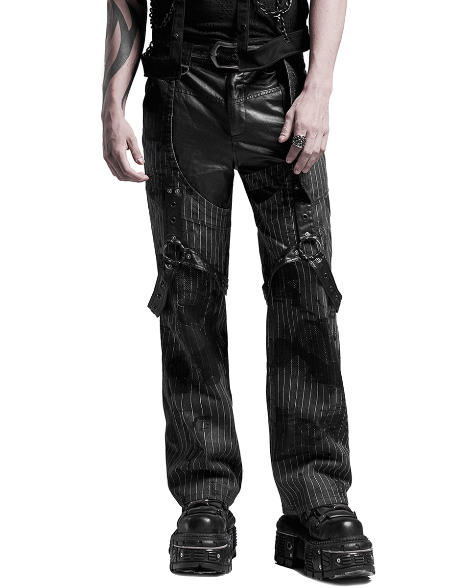 WK-452 Mens Dark Punk Harness Pants - Black Pinstripe