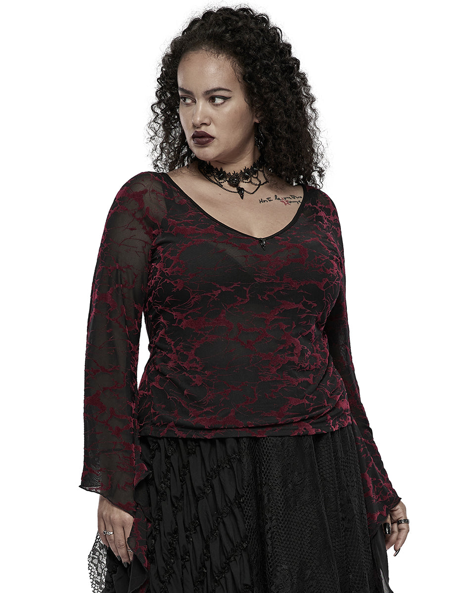 DT-731 Plus Size Womens Gothic Flocked Mesh Tunic Top - Black & Red