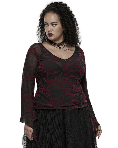 DT-731 Plus Size Womens Gothic Flocked Mesh Tunic Top - Black & Red