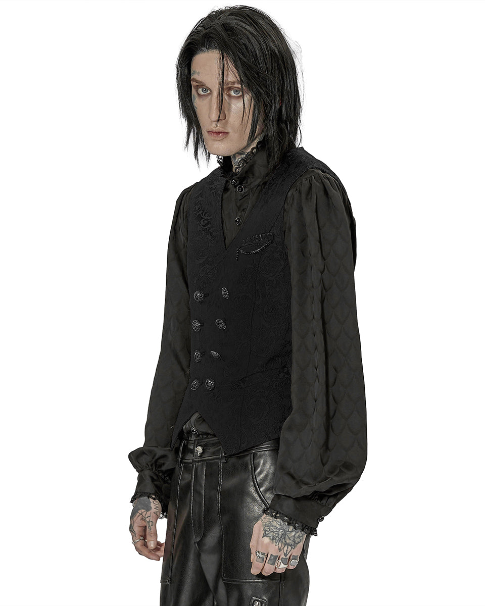 WY-1436 Mens Dark Gothic Aristocrat Chained Waistcoat Vest - Black Jacquard