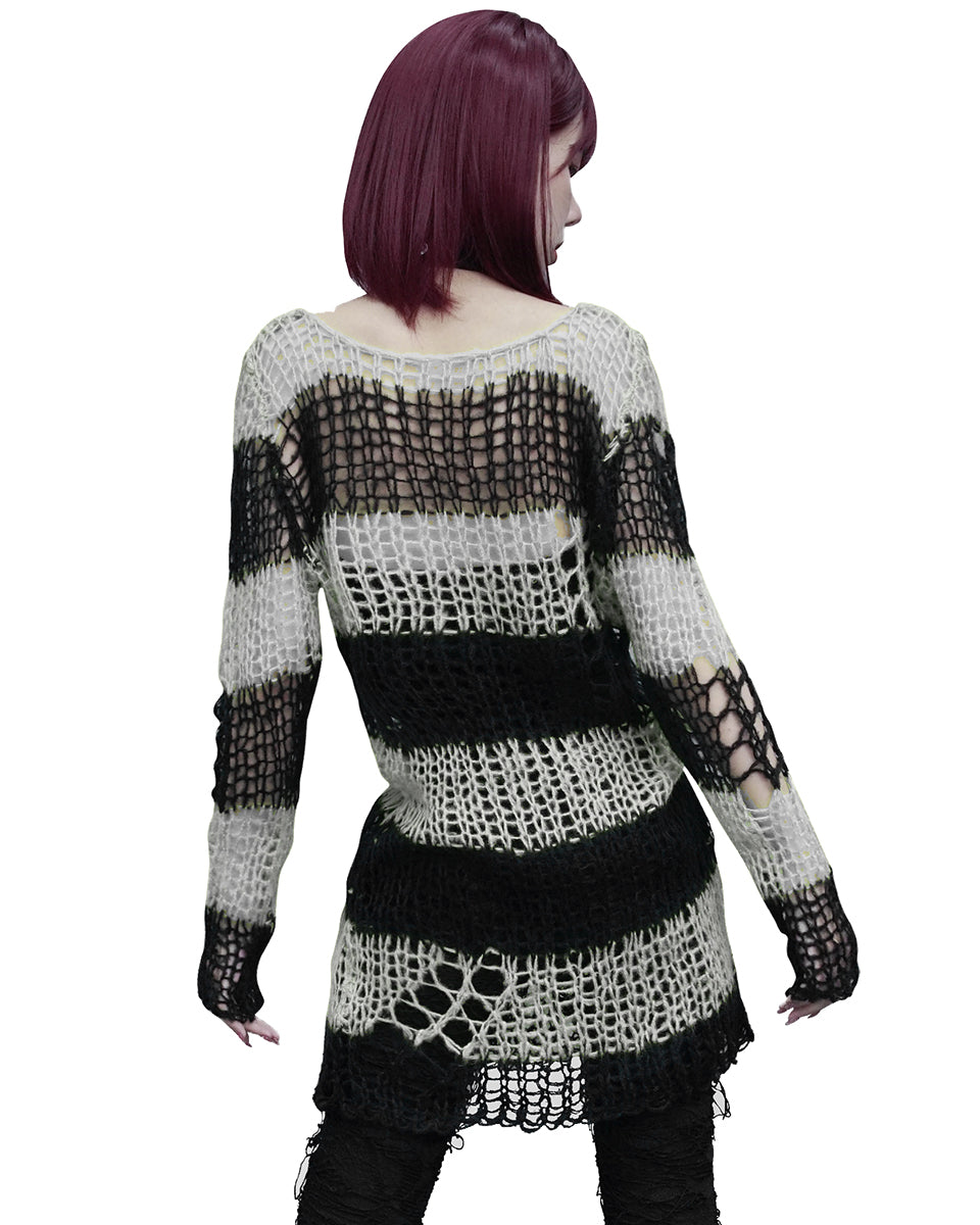 WM-072 Womens Shredded Broken Knit Sweater Top - Black & White Stripe