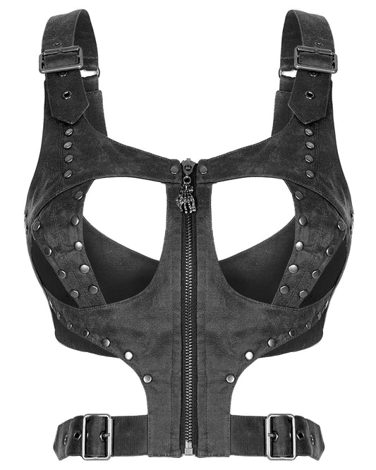 WS-482 Darksaga Womens Apocalyptic Harness Top - Distressed Grey