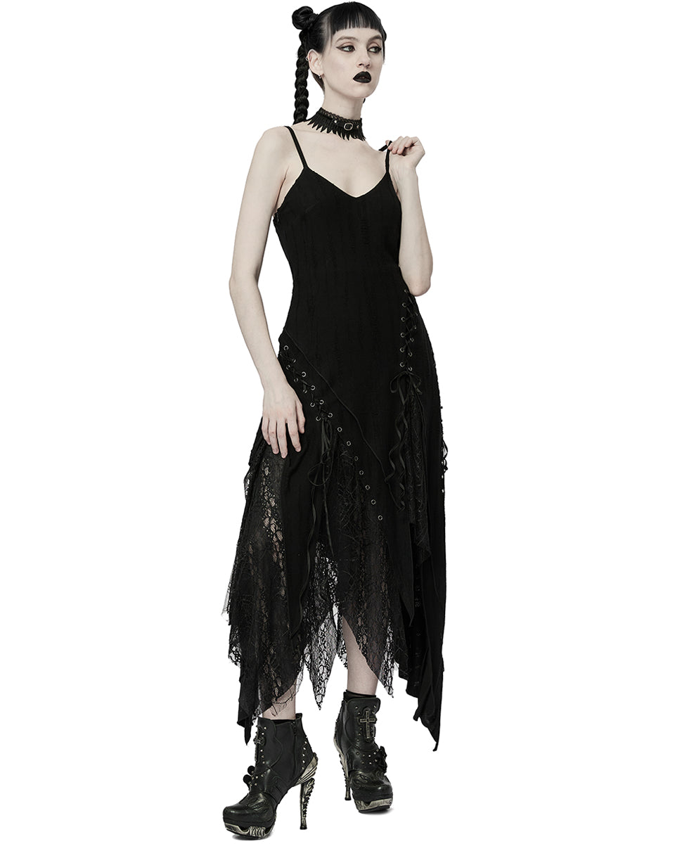 WQ-615 Womens Asymmetric Gothic Witch Cobweb Lace Maxi Dress