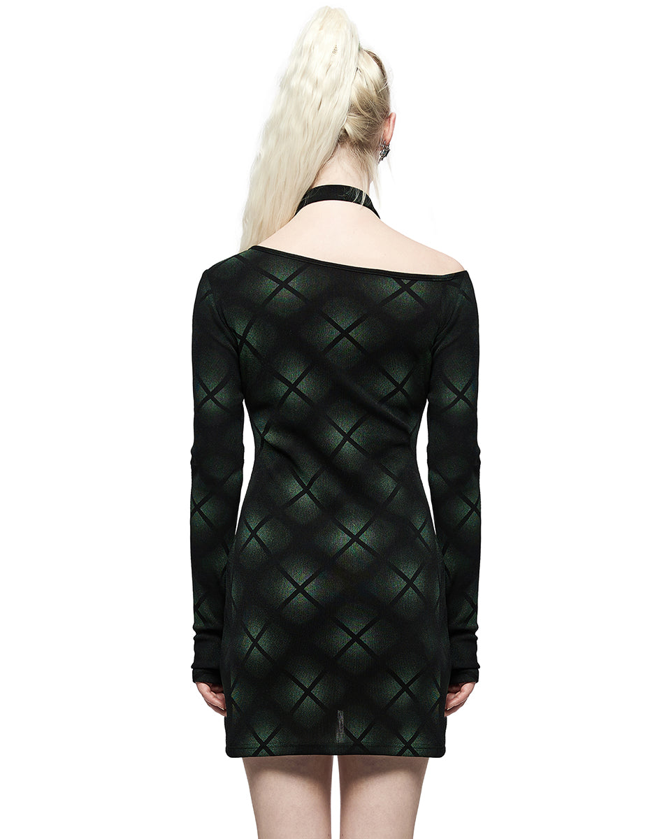 OQ-002 Daily Life Casual Dark Punk Plaid Printed Cyberpunk Dress - Black & Green