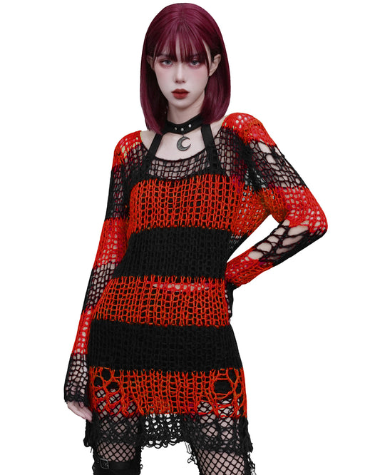 WM-072 Womens Shredded Broken Knit Sweater Top - Black & Red Stripe