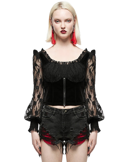 OPT-752 Daily Life Casual Gothic Flocked Velvet Rose Lace Blouse Top Dqf