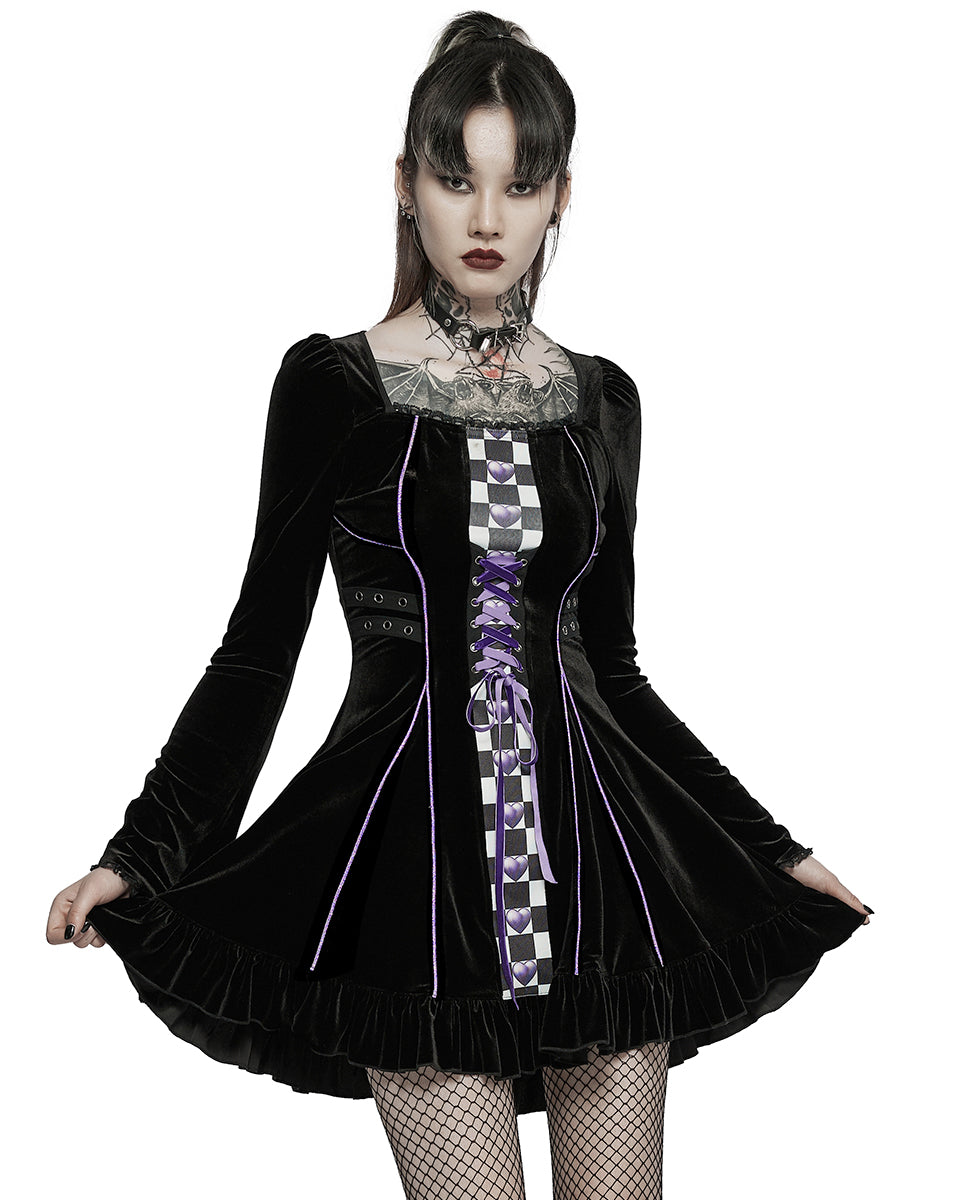WLQ-102 Pyon Pyon Womens Gothic Harlequin Velvet Dress - Black & Purple