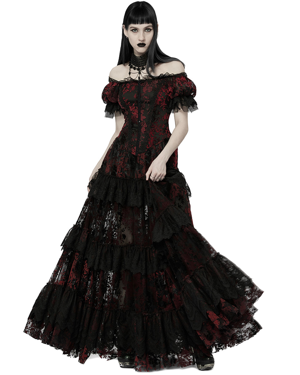 WQ 613 Dark Decadence Flocked Lace Gothic Wedding Dress Black Red