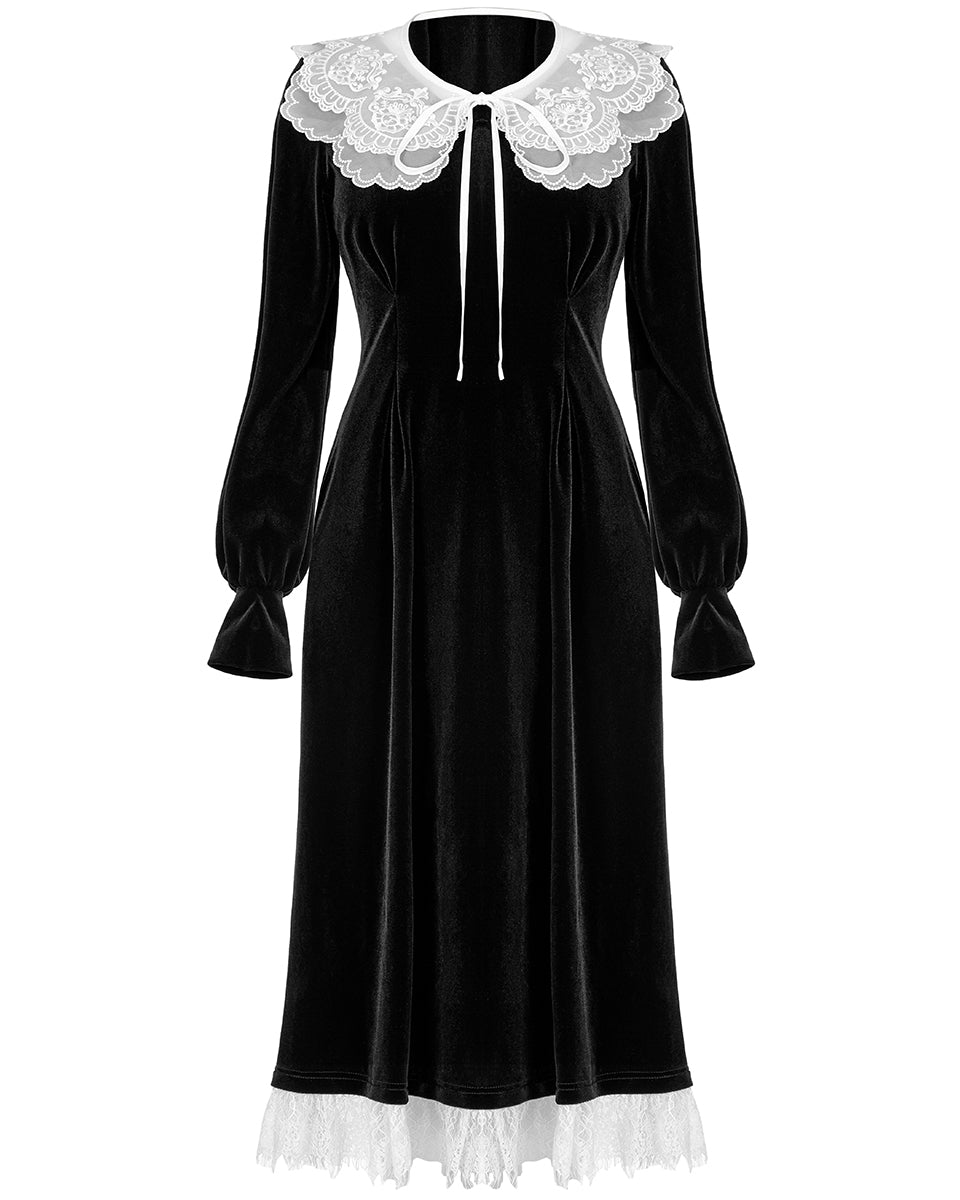 OPQ-1320 Daily Life RetroGothic Velvet Midi Dress & Lace Collar - Black & White