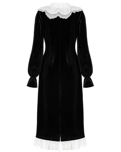 OPQ-1320 Daily Life RetroGothic Velvet Midi Dress & Lace Collar - Black & White