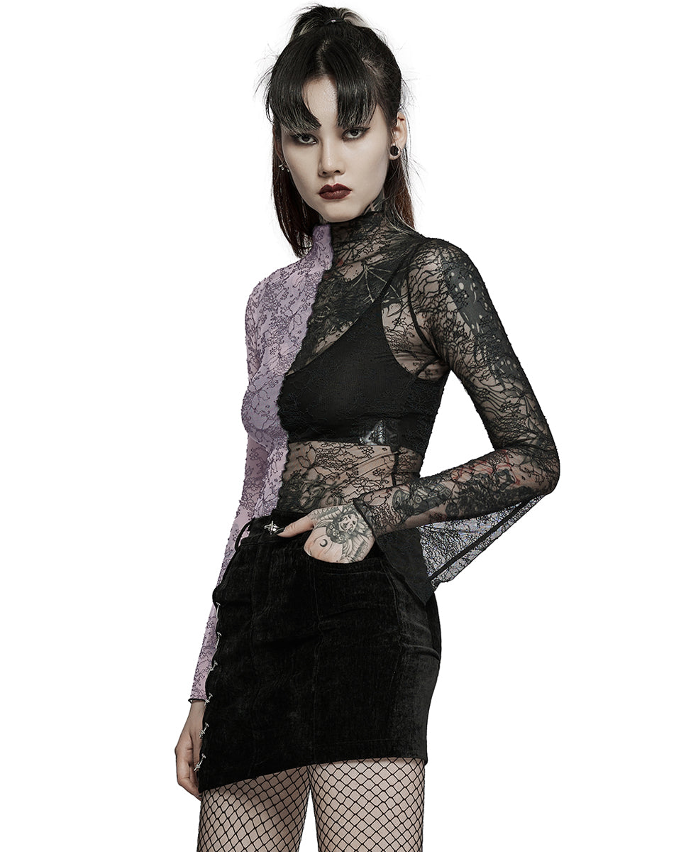 WT-727 Womens Gothic Poison Ivy Sheer Mesh Split Top - Black & Pink