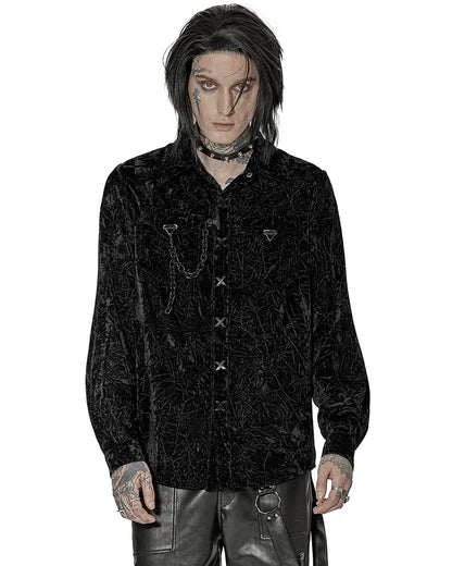 WY-1441 Mens Gothic Crimped Velvet Chained Dress Shirt - Black