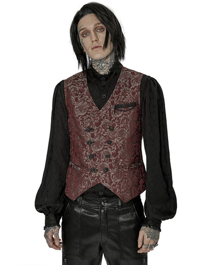 WY-1436 Mens Dark Gothic Aristocrat Chained Waistcoat Vest - Red Jacquard