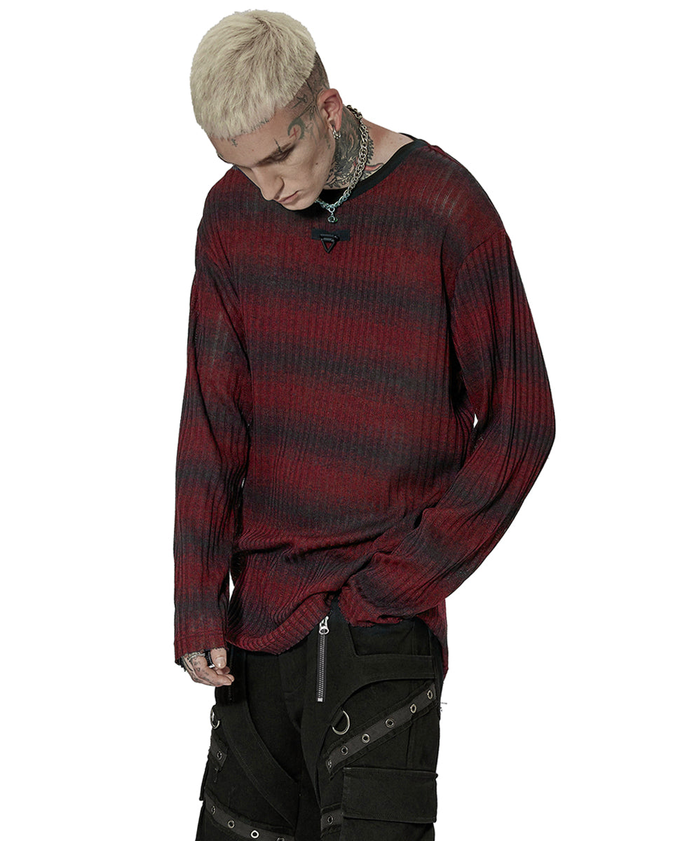 WT-735 Mens Dark Punk Striped Knit Sweater Top - Black & Red