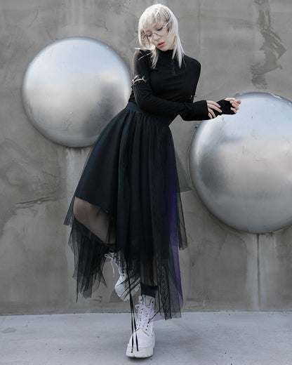 OPQ930 Daily Life Layered Mesh Electropunk Asymmetric Skirt - Black & Purple