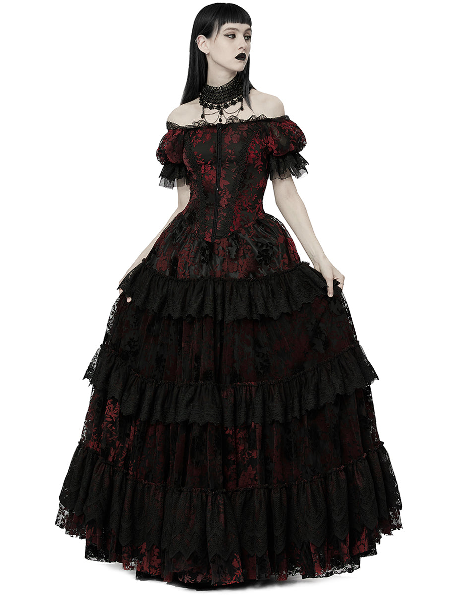 WQ-613 Dark Decadence Flocked Lace Gothic Wedding Dress - Black & Red Punk Rave WQ-613 Dark Decadence Flocked Lace Gothic Wedding Dress - Black & Red Punk Rave