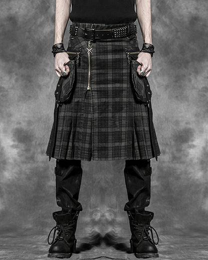 Q-225 Mens Acid Reign Steampunk Utility Kilt - Black & Brown Plaid