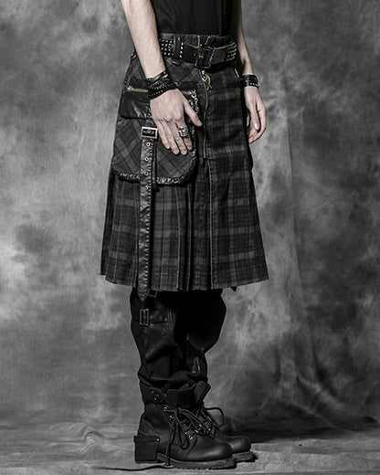 Q-225 Mens Acid Reign Steampunk Utility Kilt - Black & Brown Plaid