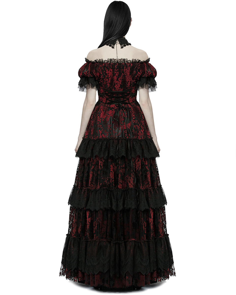 WQ-613 Dark Decadence Flocked Lace Gothic Wedding Dress - Black & Red Punk Rave WQ-613 Dark Decadence Flocked Lace Gothic Wedding Dress - Black & Red Punk Rave