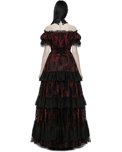 WQ-613 Dark Decadence Flocked Lace Gothic Wedding Dress - Black & Red