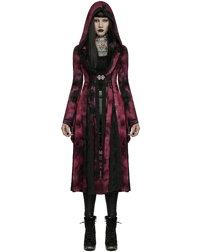 WY-1392 Womens Gothic Tie Dye Hooded Cloak Jacket - Black & Red