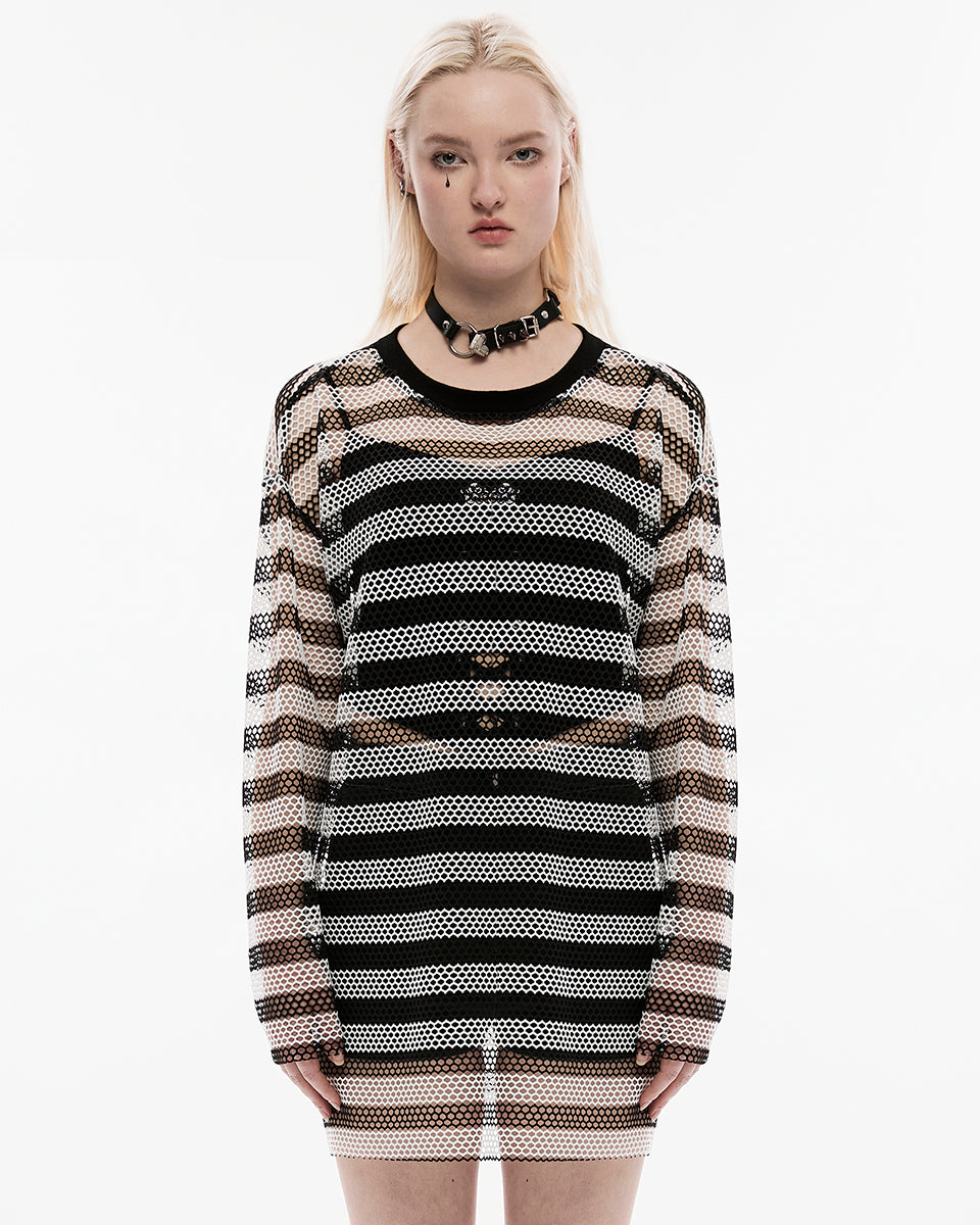 OPT-773 Daily Life Casual Punk Fishnet Mesh Striped Sweater Top - Black & White