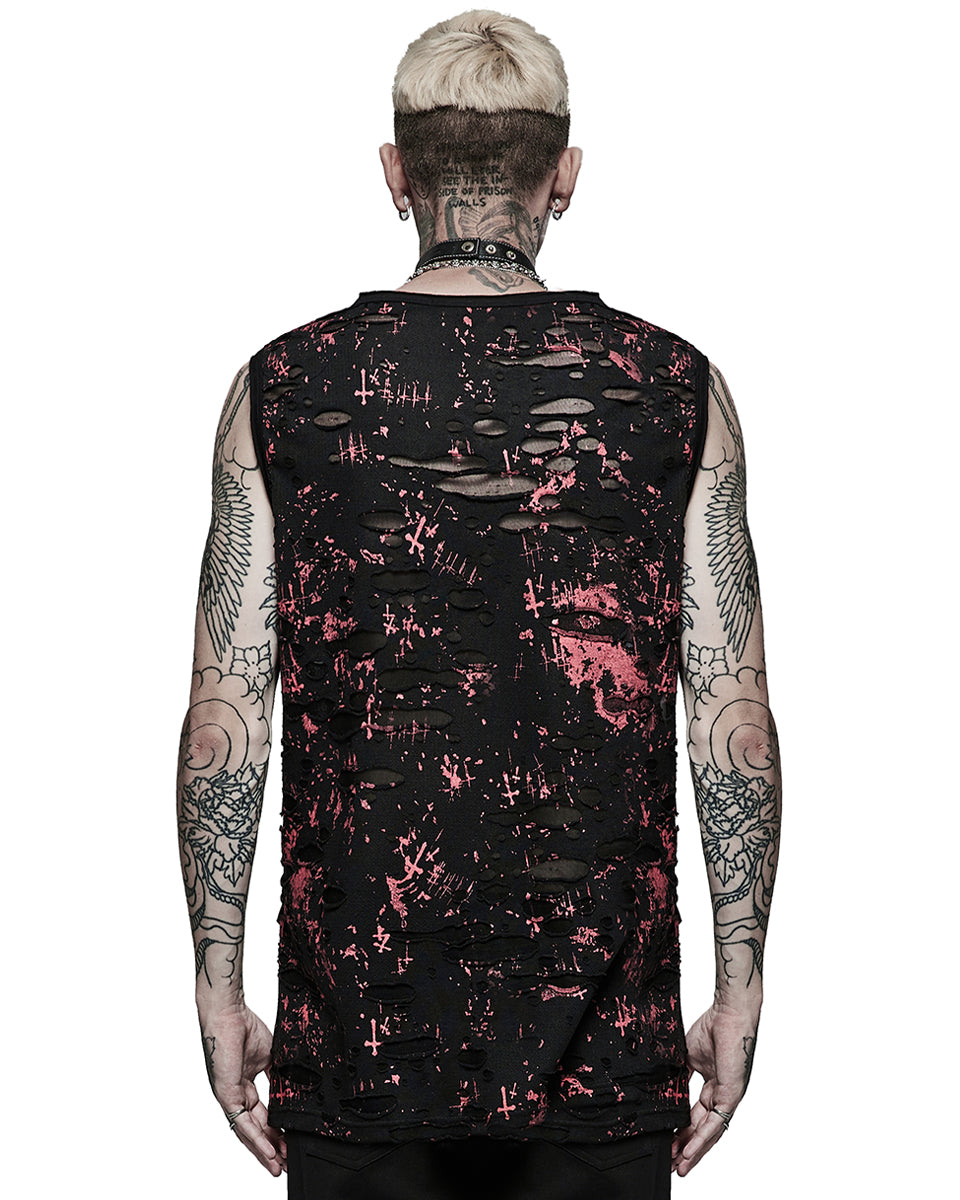 WT-716 Mens Destroyed Punk Bondage Tank - Black & Red