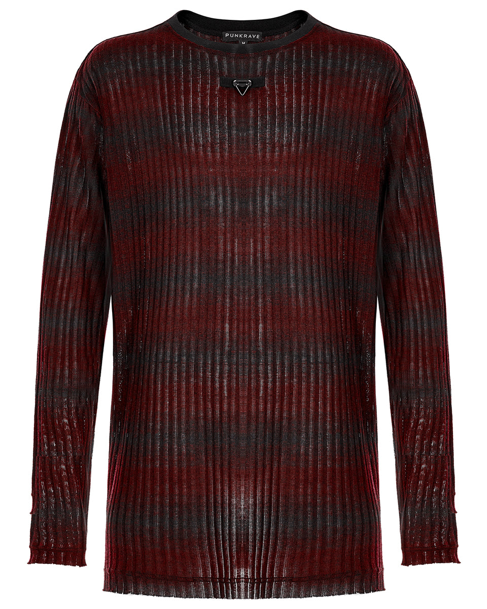 WT-735 Mens Dark Punk Striped Knit Sweater Top - Black & Red