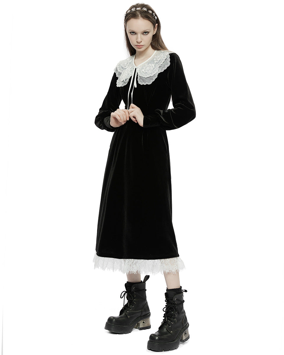 OPQ-1320 Daily Life RetroGothic Velvet Midi Dress & Lace Collar - Black & White