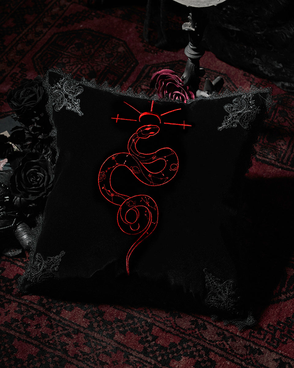 JZ-004 Gothic Home Serpentine Embroidered Filled Cushion - Black & Red
