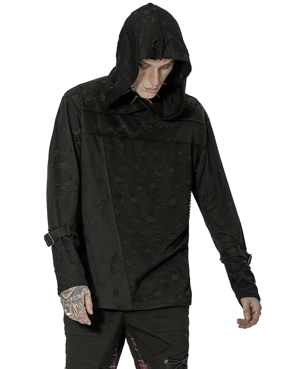 WT-738 Mens Apocalyptic Gothic Spliced Broken Knit Hooded Top