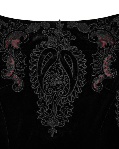 WQ-567 Womens Gothic Lace Applique Velvet Maxi Skirt - Black & Red