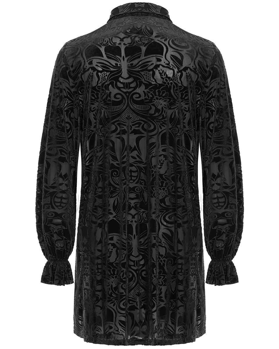 WY-1416 Mens Longline Baroque Gothic Velvet Flocked Shirt - Black