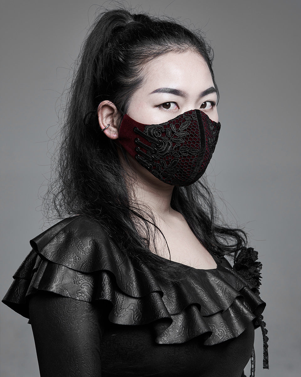 WS-441 Gothic Velvet Lace Applique Face Cover Mask - Red & Black