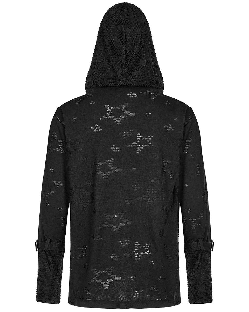 WT-738 Mens Apocalyptic Gothic Spliced Broken Knit Hooded Top